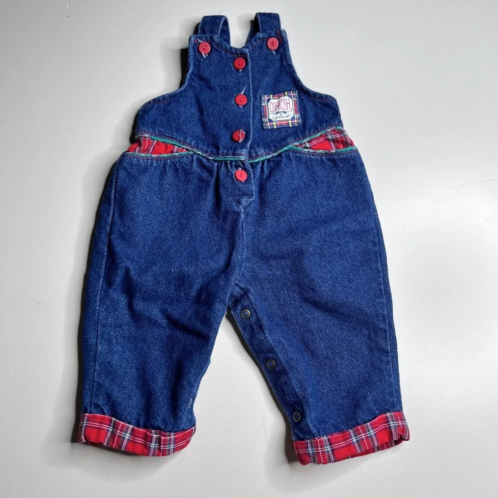 Vintage OshKosh B'gosh Overalls Girls 3-6 Months Blue Denim Plaid Vestbak Romper